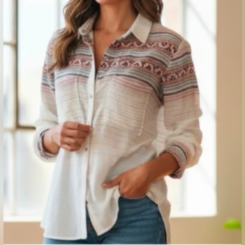 Anthropologie Cream and Purple Patterned Blouse
